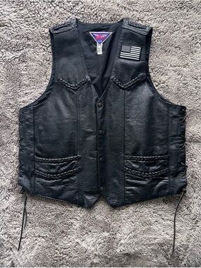 MOB Vintage leather biker vest motorcycle Men's black XL snap front